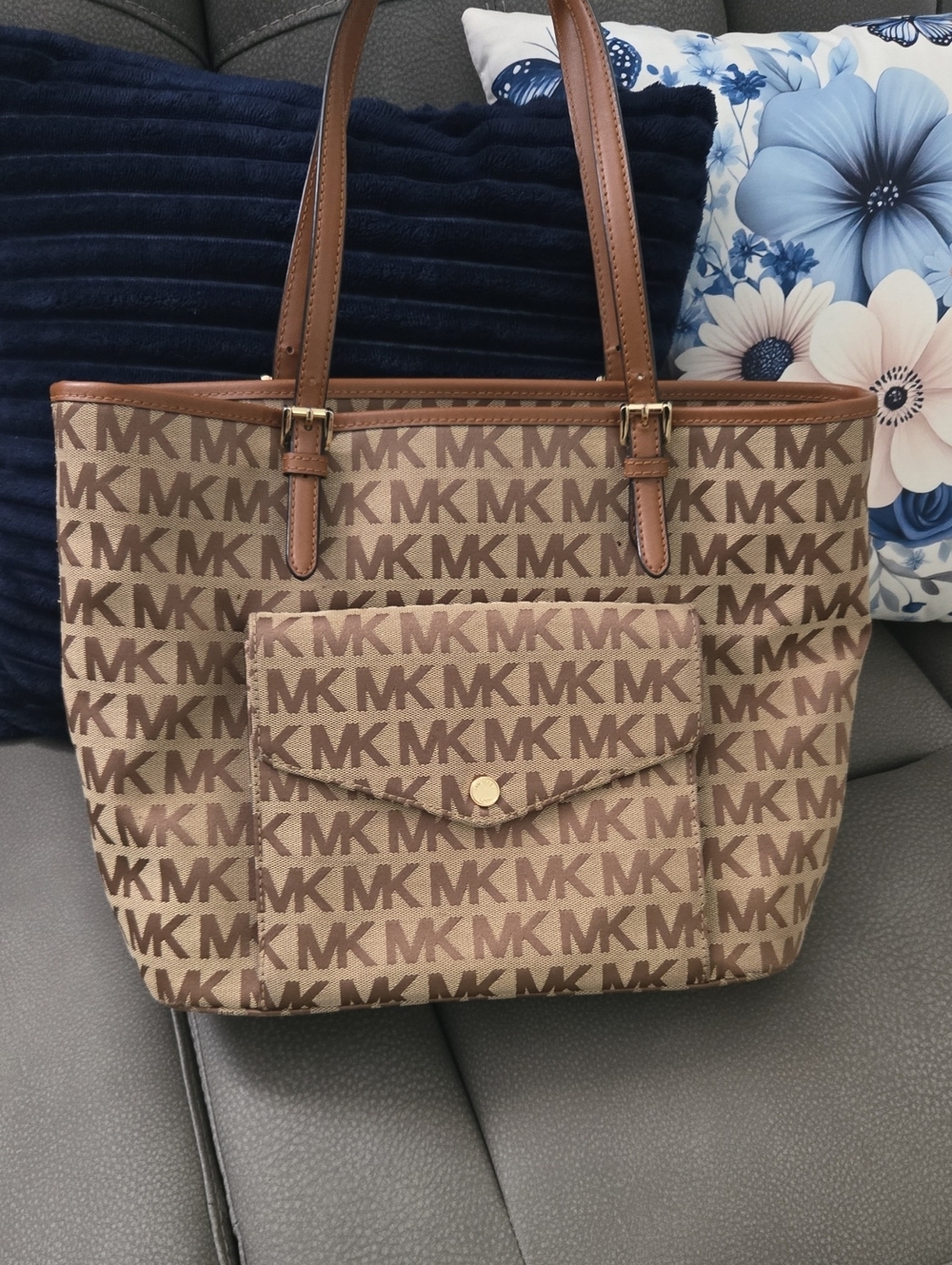 Michael Kors Brown/Tan MK Logo Tote with Front Pocket